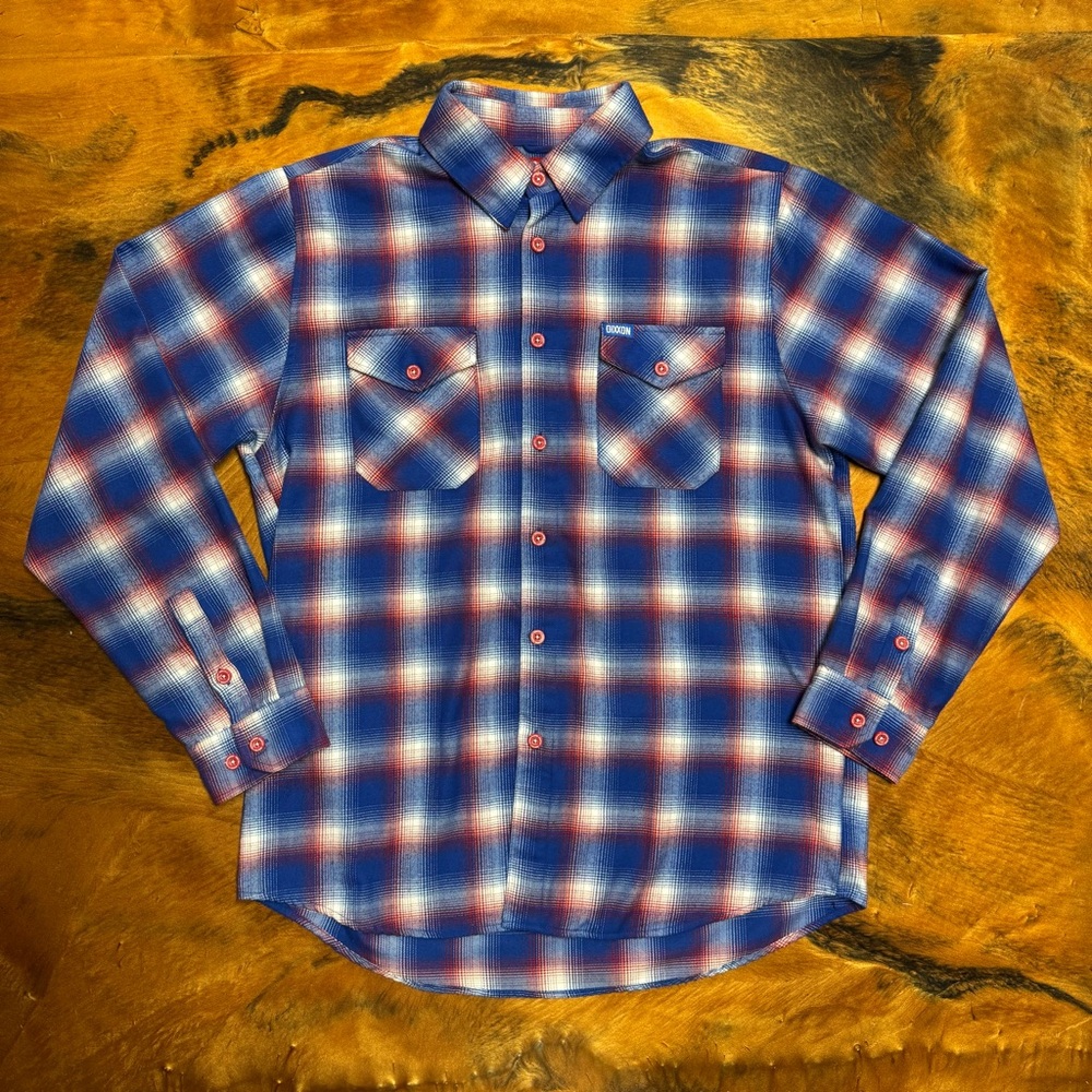 Like New Dixxon Glory Red, White & Blue Plaid Flannel Shirt
